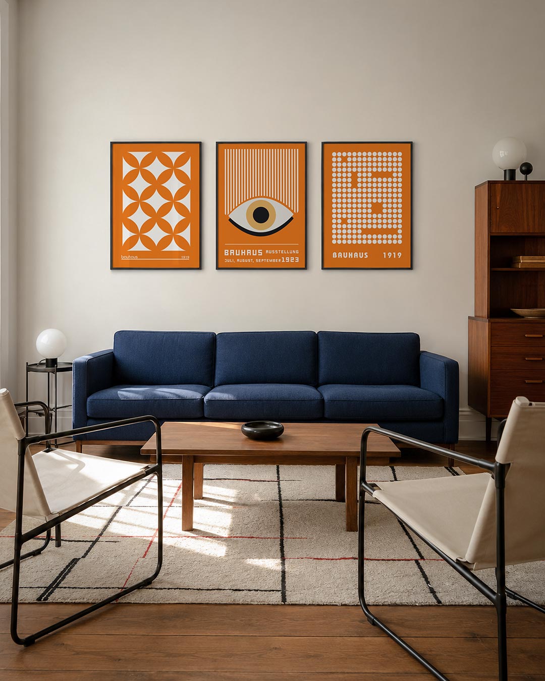 Oranje vormenpatroon driedelige posterset – deze posterset in drie delen toont een levendig patroon van oranje overlappende