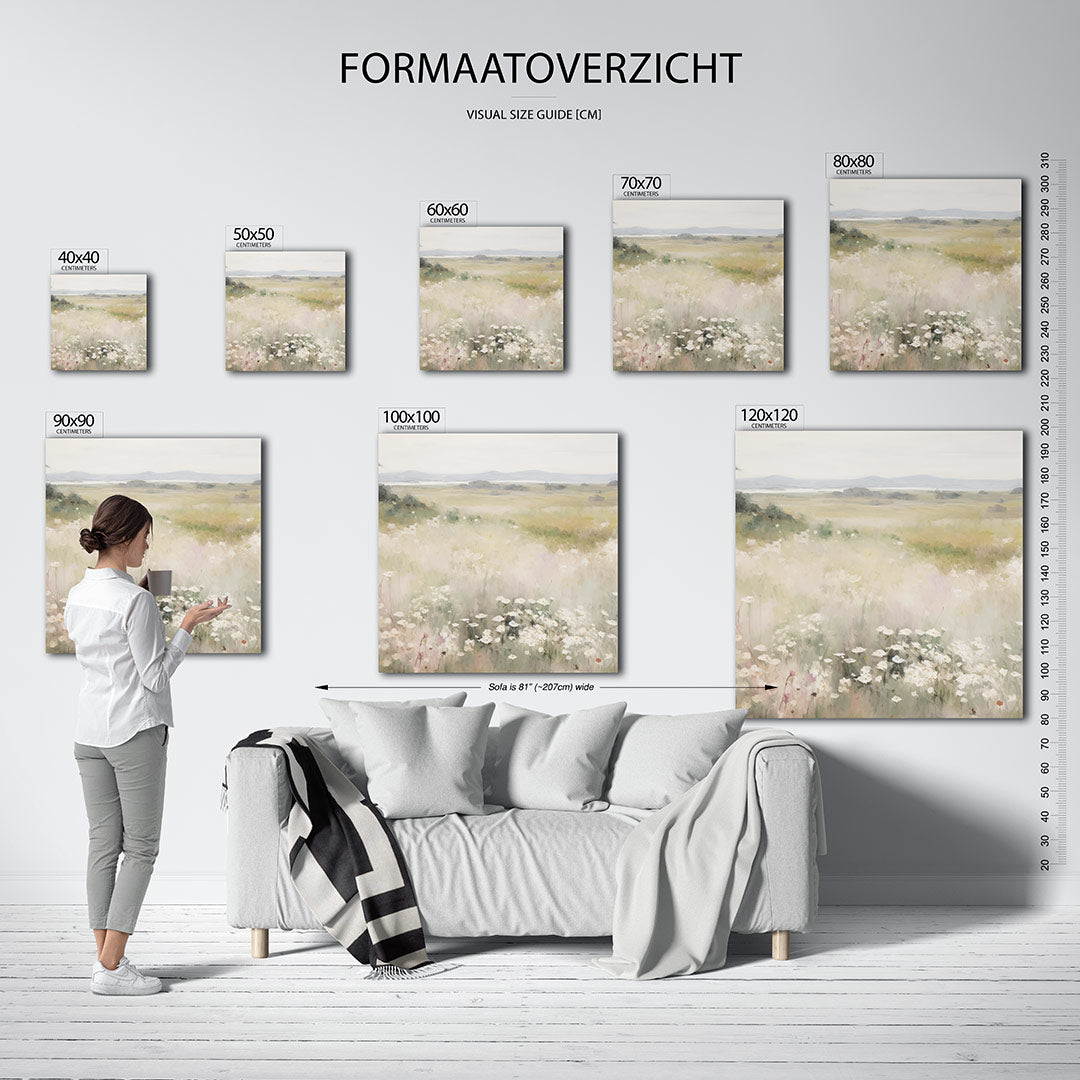 Landschap met bloemen kunstwerk – sfeerbeeld – dit werk toont een zacht glooiend landschap met delicate bloemen in het gras.