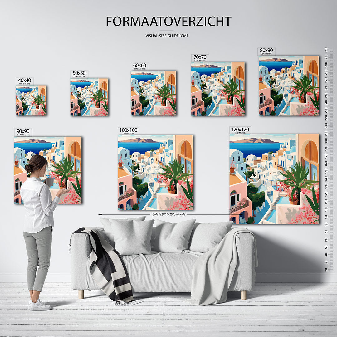 Mediterraans dorp kunstwerk – sfeerbeeld – dit kunstwerk toont een zonnig dorp met witte gebouwen en blauwe daken, omringd