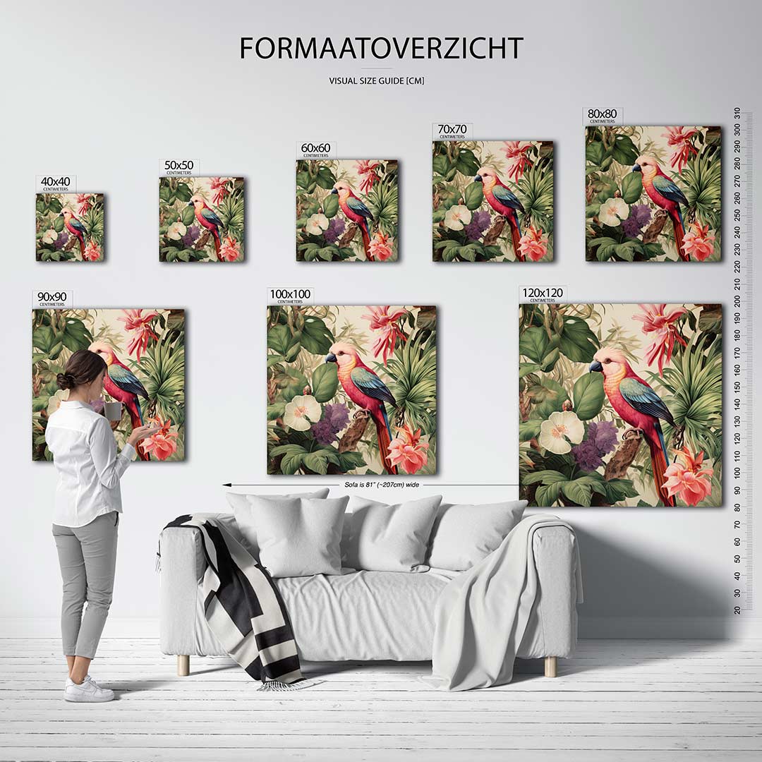 Exotische vogel en bloemen kunstwerk – dit werk toont een kleurrijke vogel te midden van weelderige bloemen en bladeren, met
