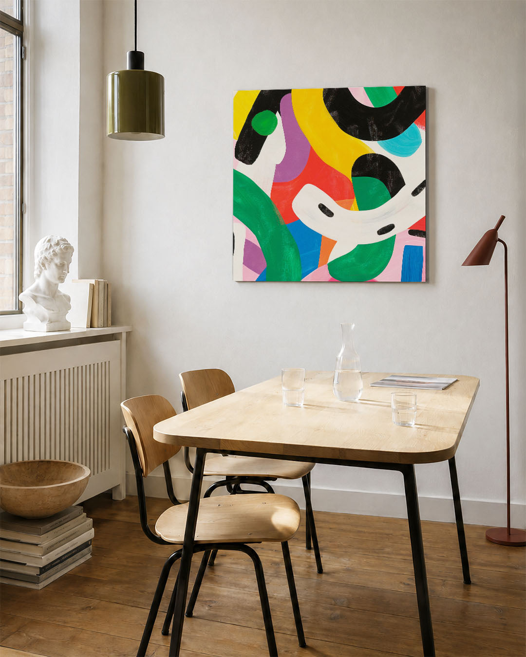 Dynamische kleurencompositie kunstwerk – vierkante wanddecoratie – dit kunstwerk toont een levendige mix van gebogen en