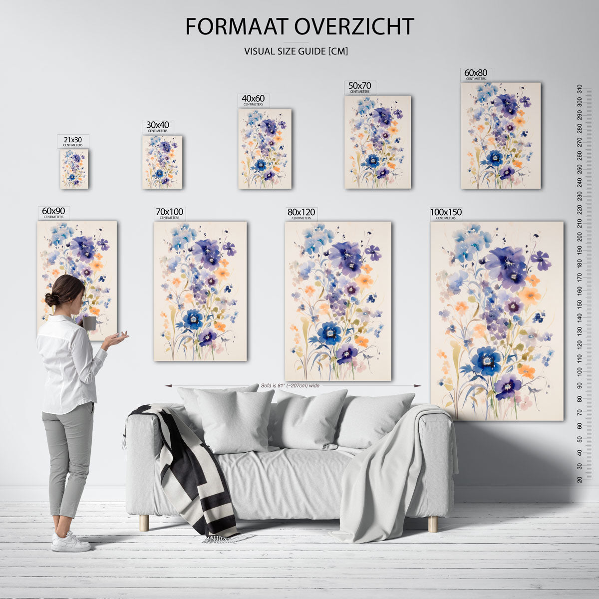 Bloemen in blauw en oranje – staande muurposter met kunst en design