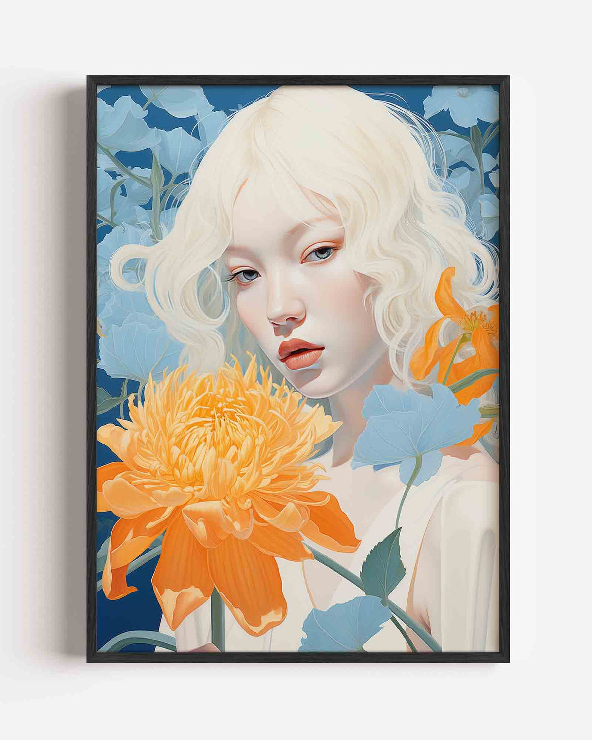 Vrouw met oranje bloem – botanische portret poster als wanddecoratie