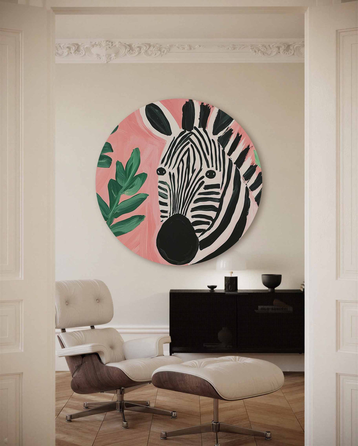 Zebra en bladeren – illustratie muurcirkel als ronde muurdecoratie