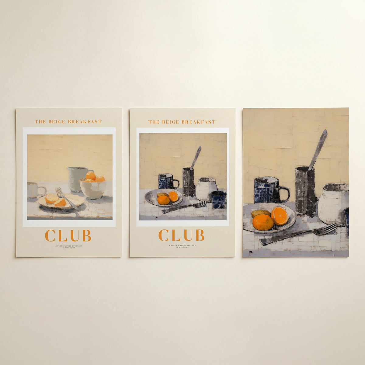Ontbijt in beige – driedelige posterset in interieur