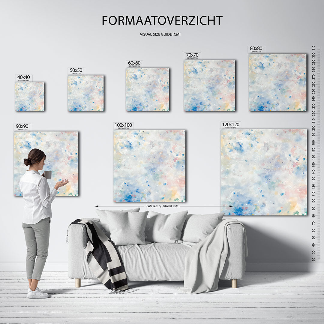 Vlekkenspel in pastel kunstwerk – materiaalweergave – dit werk toont een speelse compositie van zachte kleuren en vloeiende