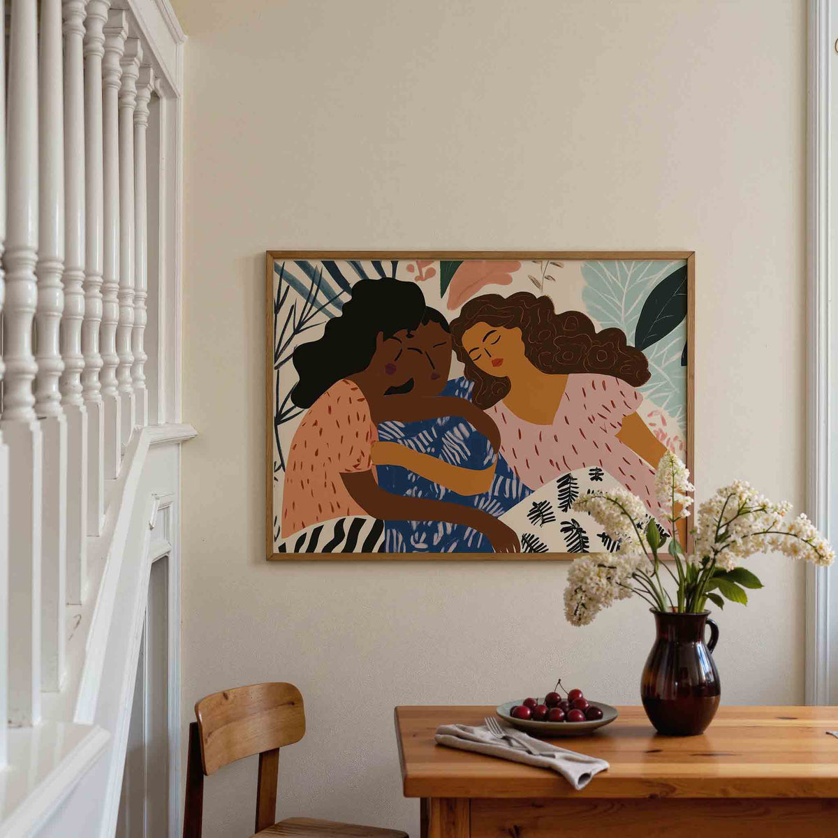 Drie vrouwen met bladeren – liggende illustratie poster als wanddecoratie