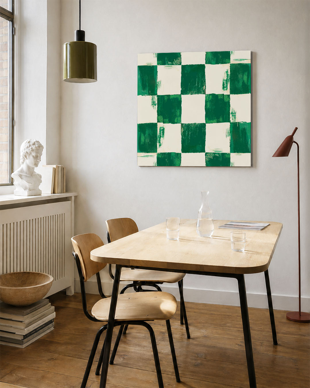 Geometrisch patroon kunstwerk – vierkante wanddecoratie – dit werk toont een herhalend patroon van vierkanten in groene en