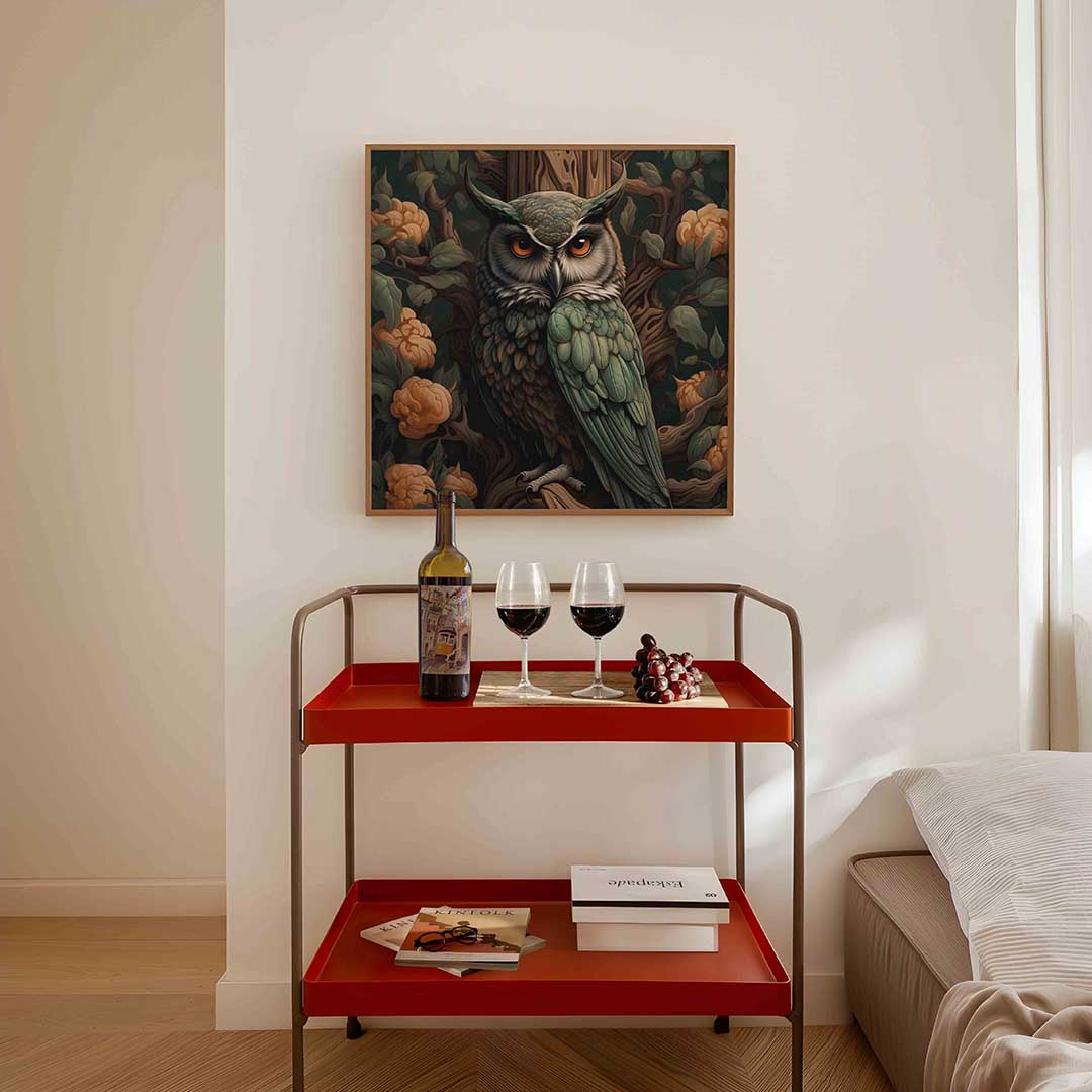 Uil en bloemen – vierkante William Morris wanddecoratie van WallArtistic