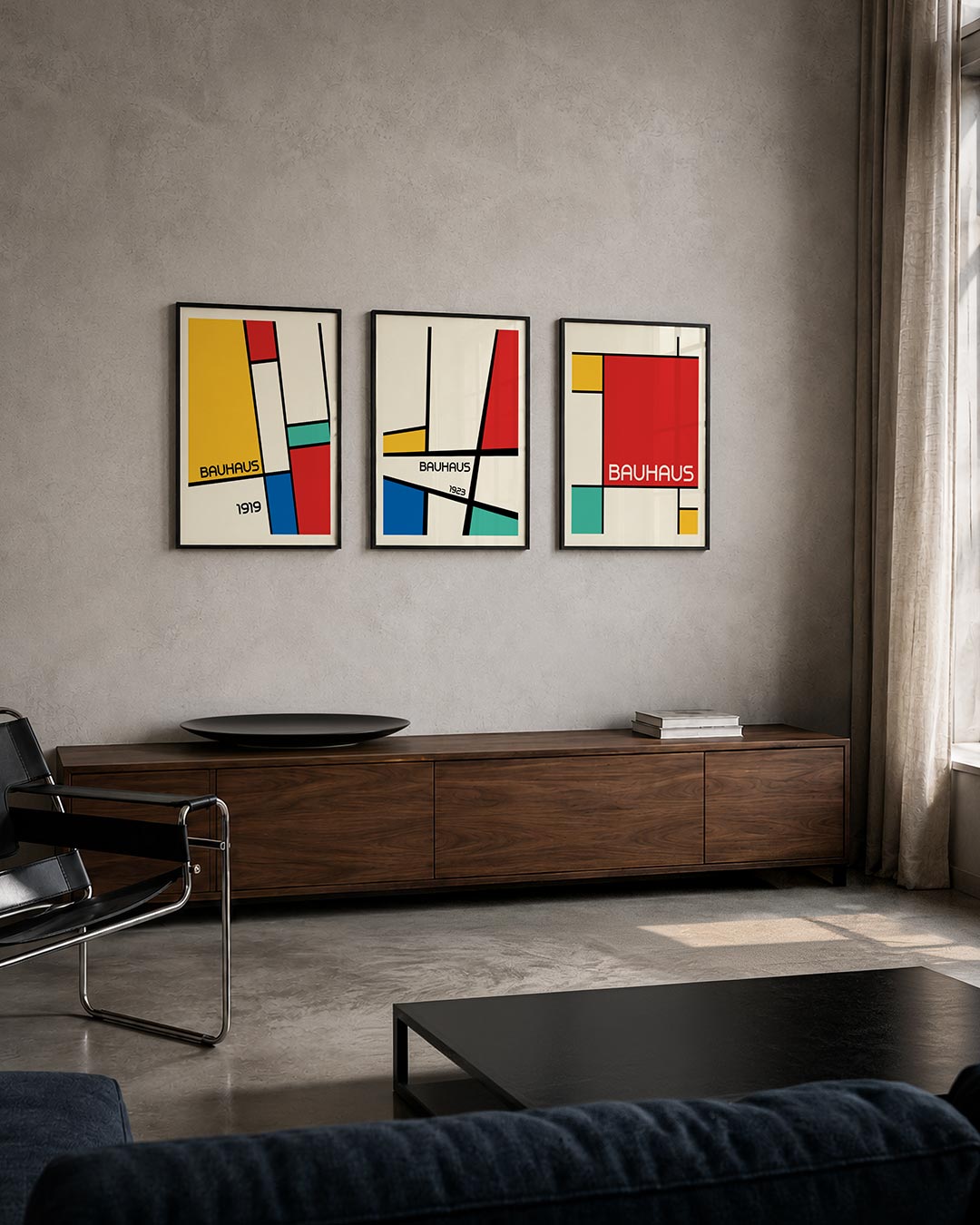 Kleurrijke vlakverdeling posterset – tweede productweergave – deze posterset in drie delen toont een speelse ordening van