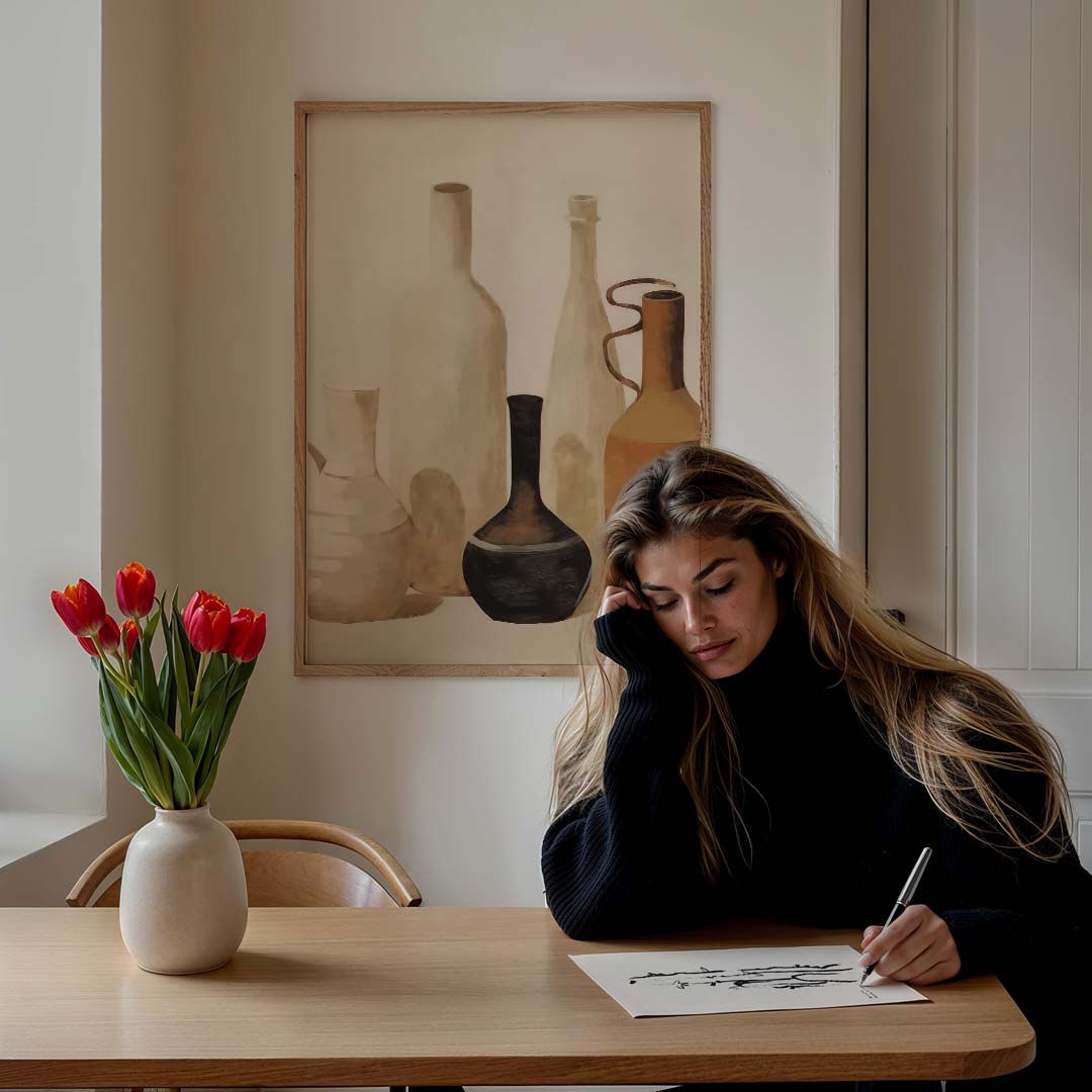 Sierlijke Vaas Compositie – staande muurposter met kleurrijke abstracte vormen