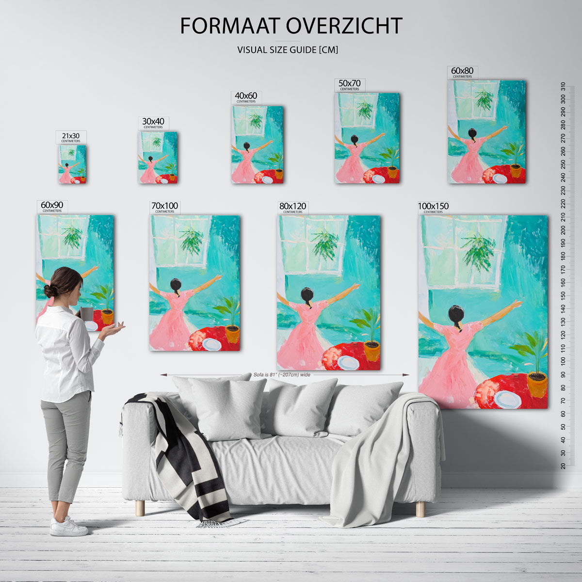 Vrouw bij raam – staande muurposter voor een modern interieur