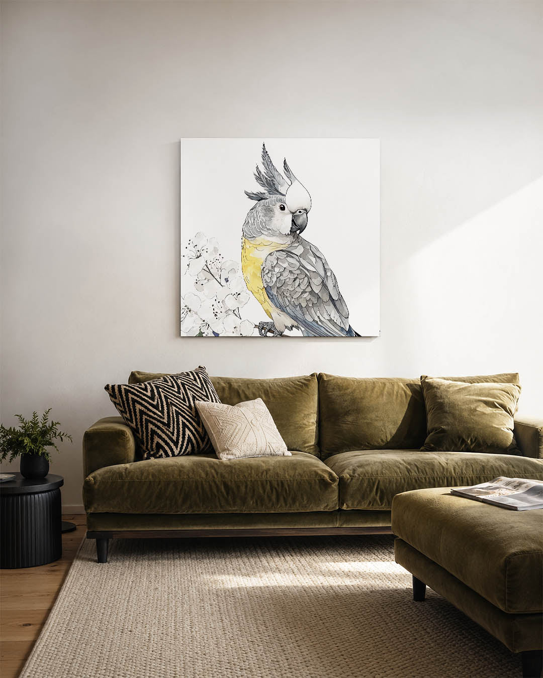 Vogels en bloemen kunstwerk – sfeerbeeld – dit kunstwerk toont een gedetailleerde vogel met levendige veren naast delicate