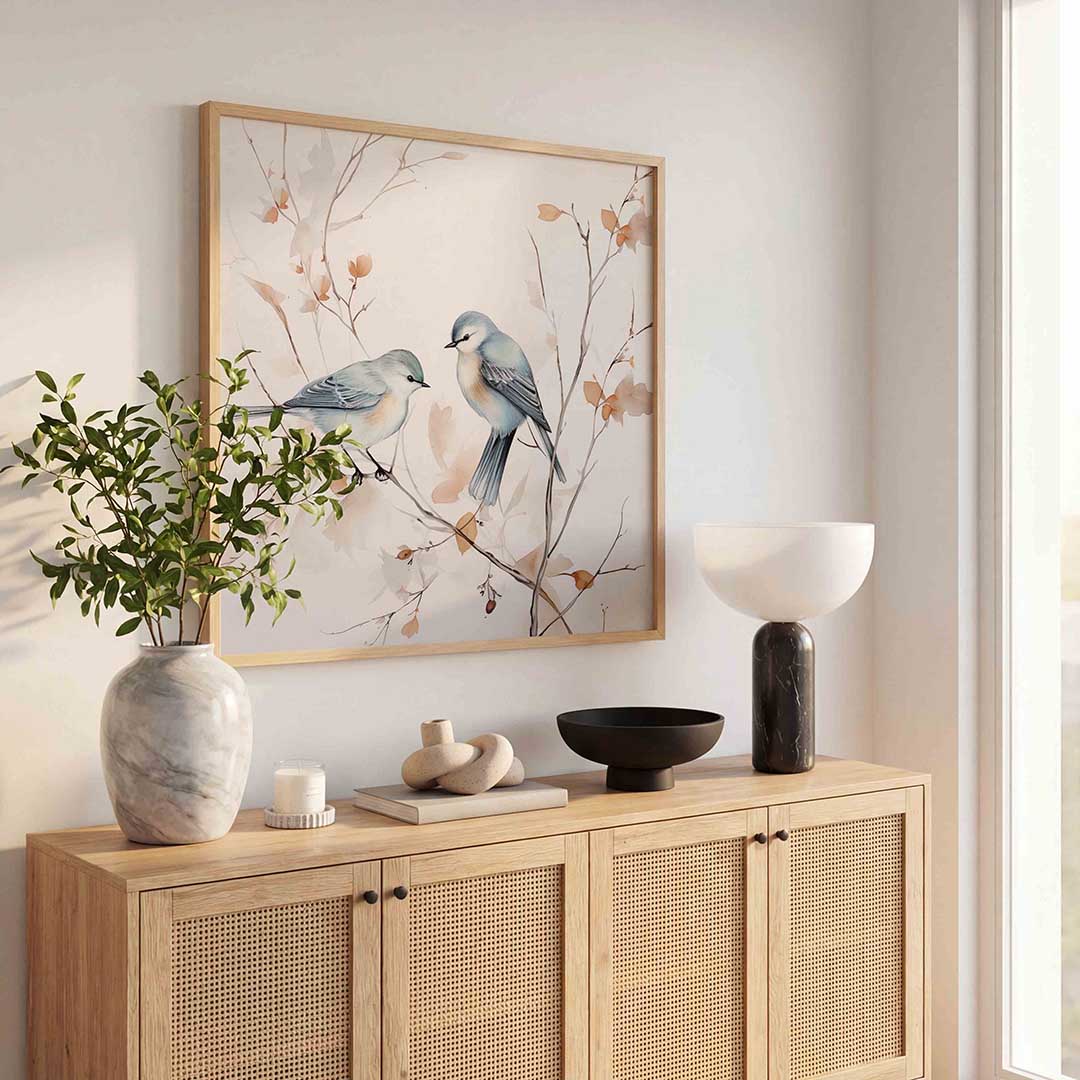 Vogels op tak – kleurrijke poster in vierkant formaat