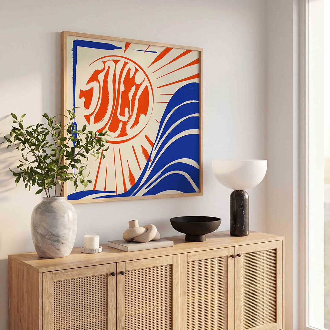 Zon en golven – kleurrijke poster in vierkant formaat