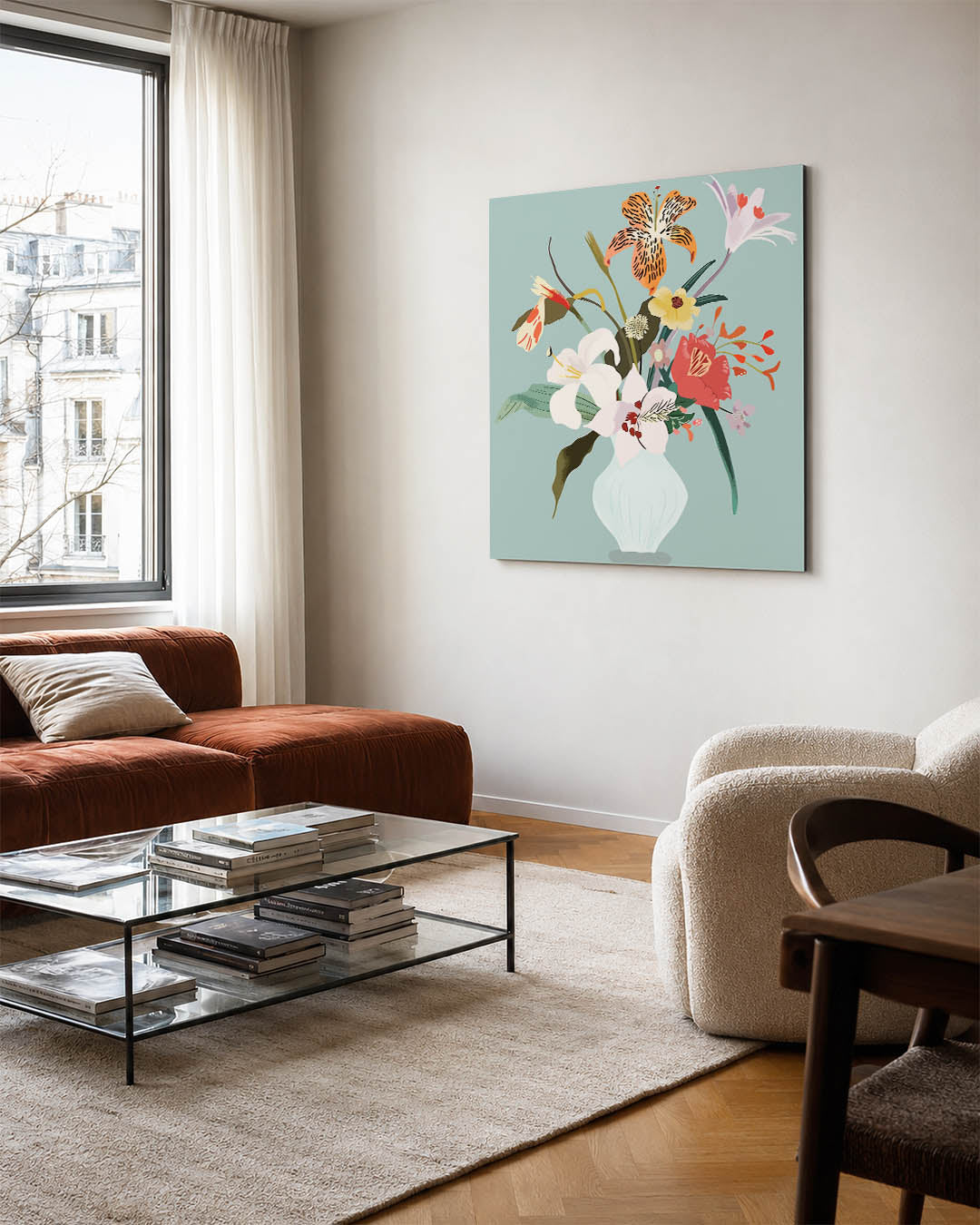 Bloemen in vaas kunstwerk – vierkante wanddecoratie – dit werk toont een kleurrijk boeket bloemen in een vaas, met een balans