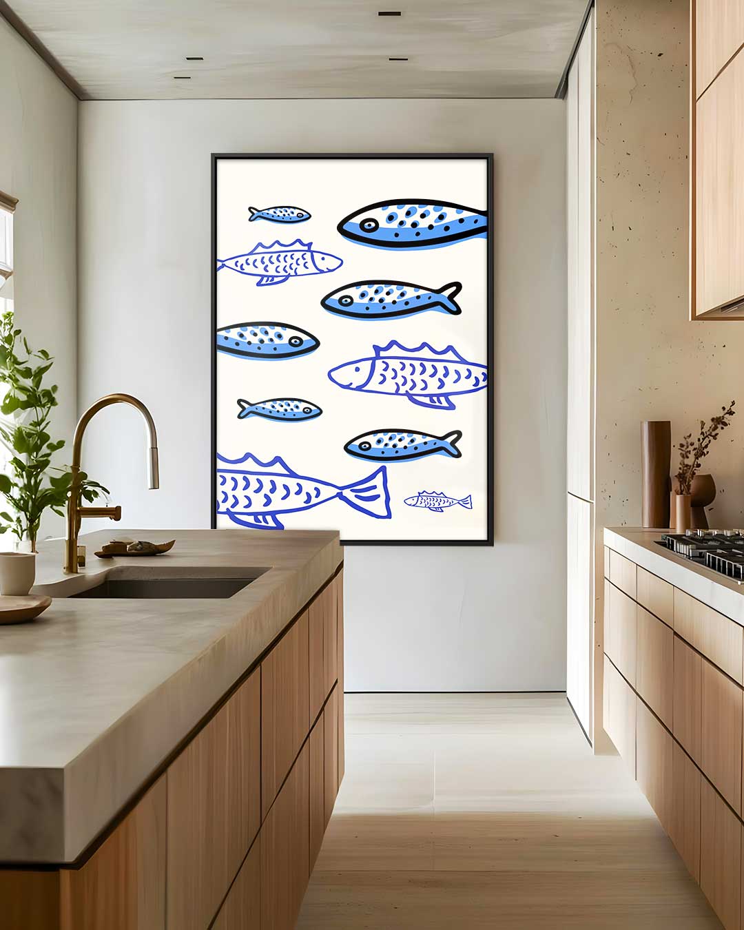Speelse Blauw Visjes – staand kunstwerk voor modern interieur
