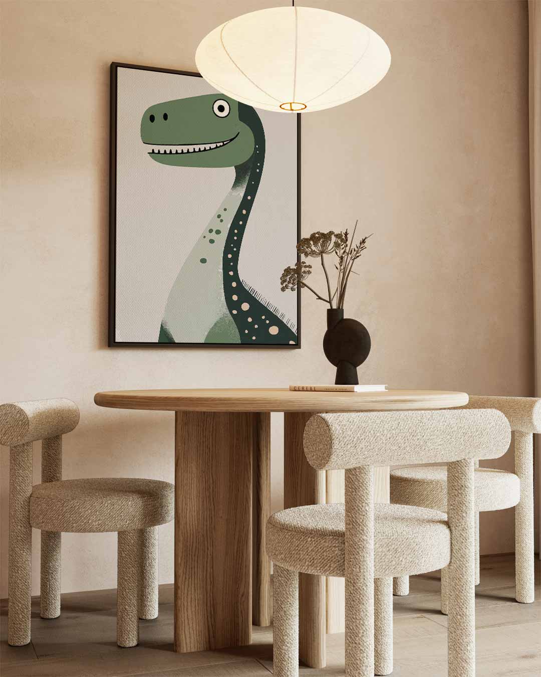 Vrolijke Dino Print – staand kunstwerk voor modern interieur