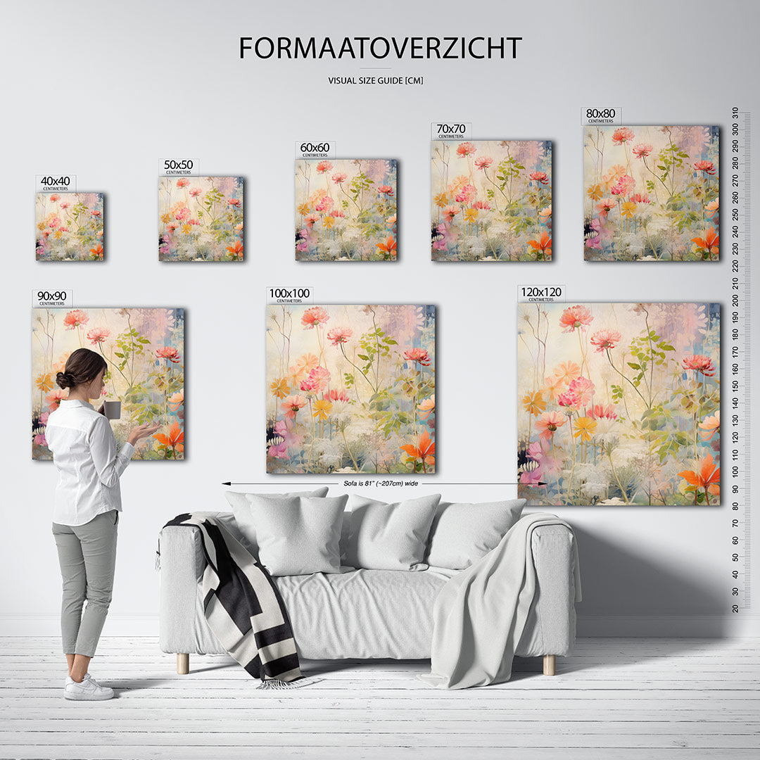 Bloemenpracht kunstwerk – dit kunstwerk toont een levendige verzameling bloemen in zachte tinten, met een speelse compositie