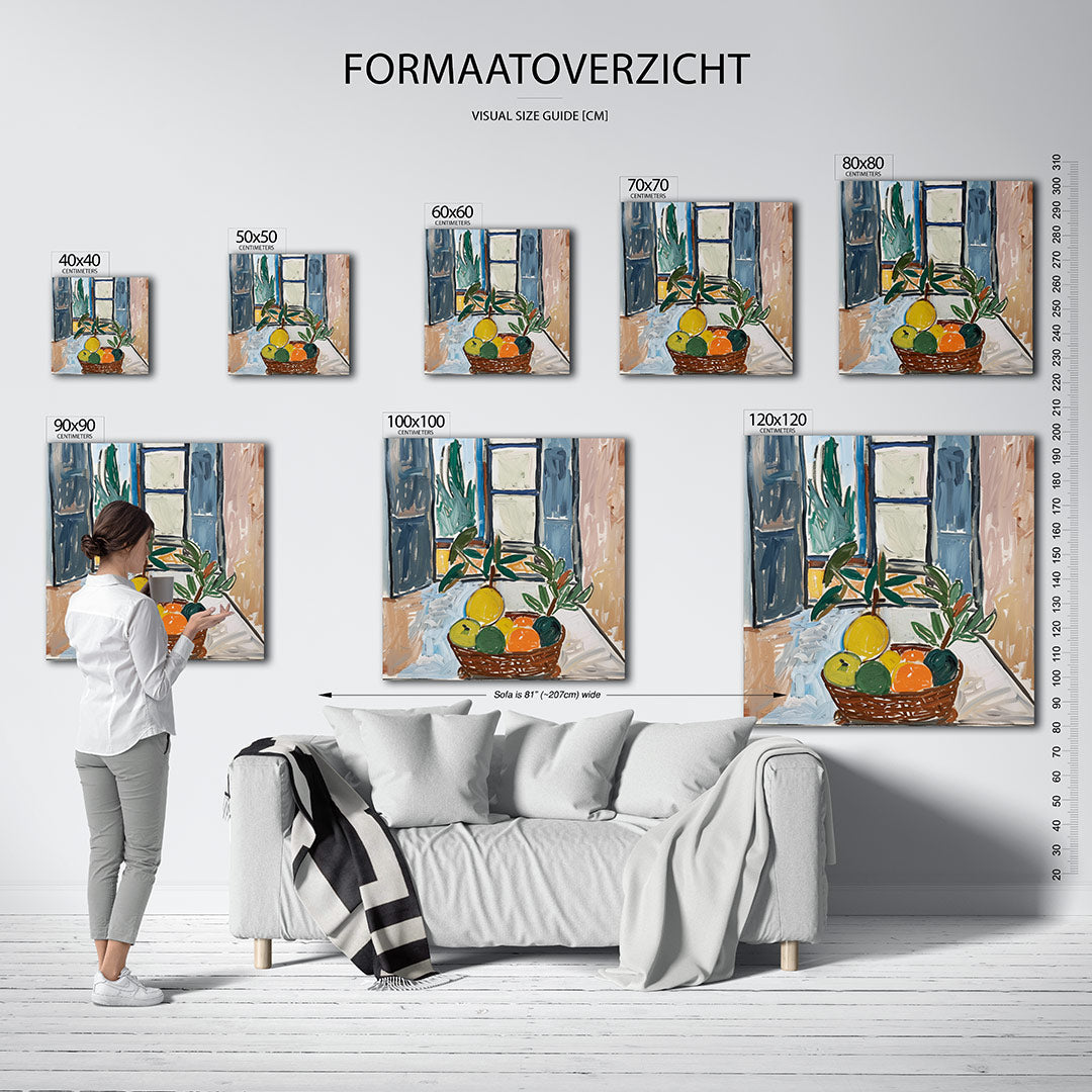 Fruitmand bij raam kunstwerk – materiaalweergave – dit werk toont een fruitmand met levendige kleuren voor een open raam. De
