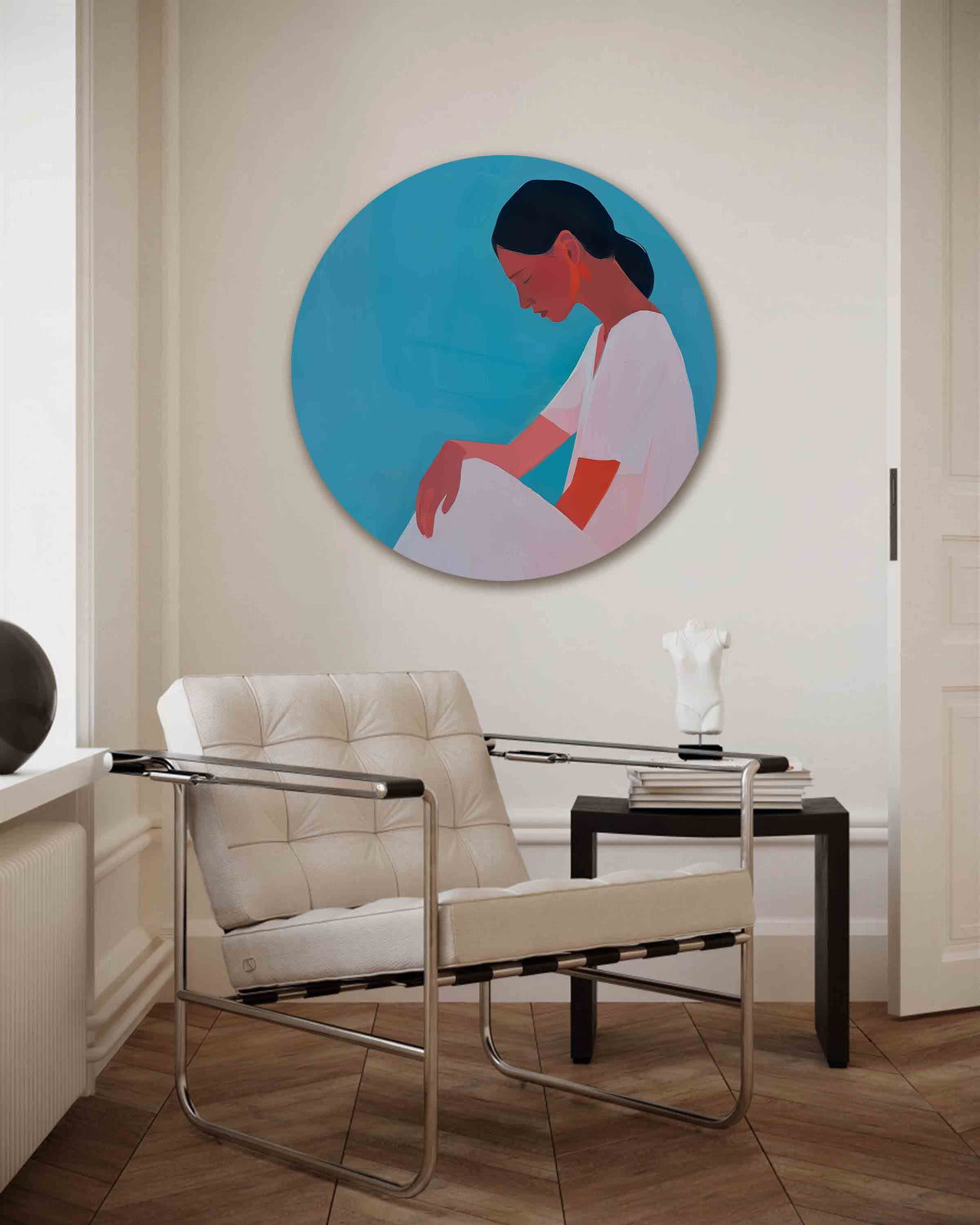 Vrouw in profiel – kleurrijke muurcirkel als ronde wanddecoratie