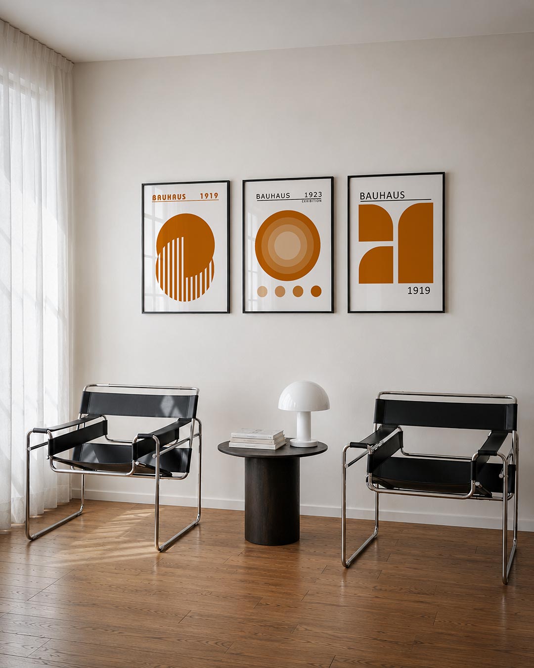 Cirkel en strepen driedelige posterset – deze posterset in drie delen toont een grote oranje cirkel met verticale witte
