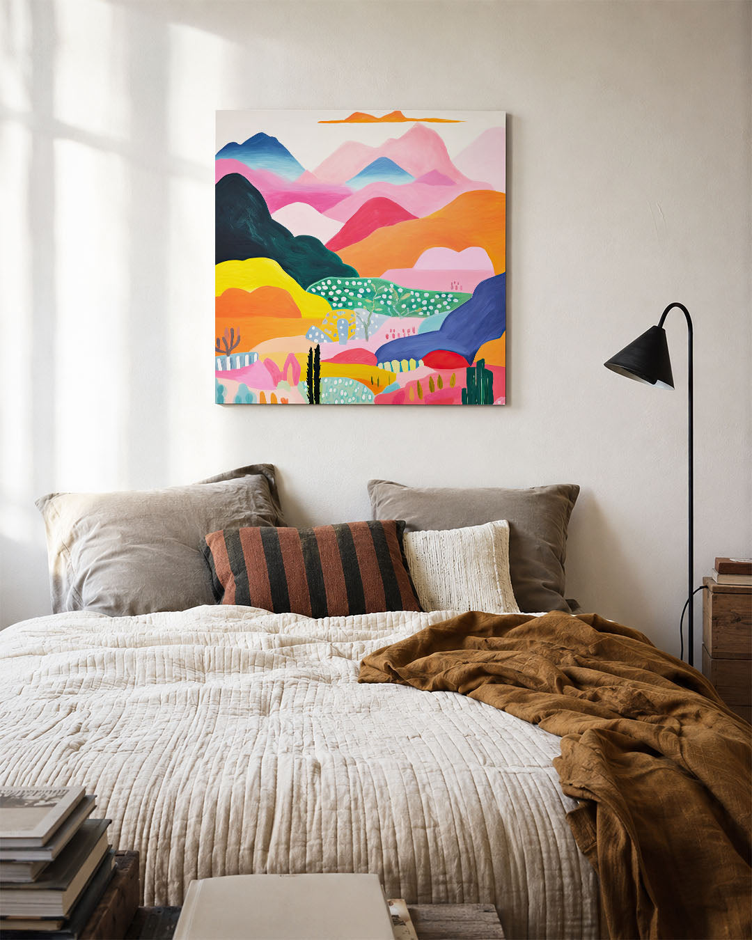 Kleurrijke berglandschap kunstwerk – detailweergave – dit werk toont een levendig berglandschap met golvende vormen en een