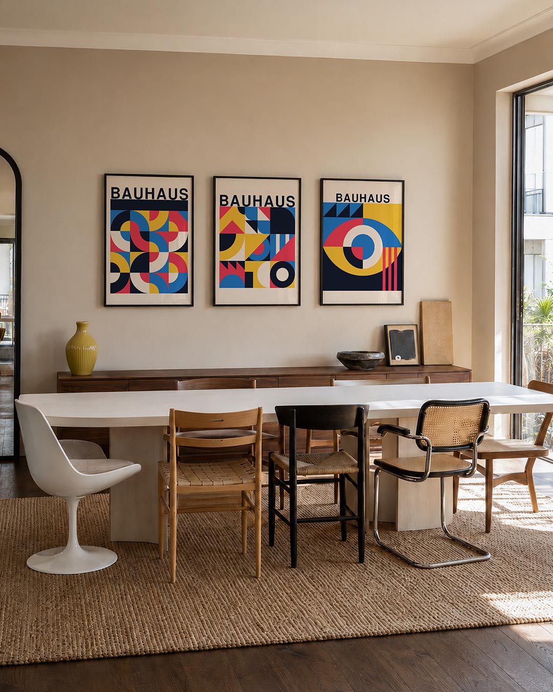 Kleurrijke vormen driedelige posterset – deze posterset in drie delen toont een levendig spel van halve cirkels en vierkanten