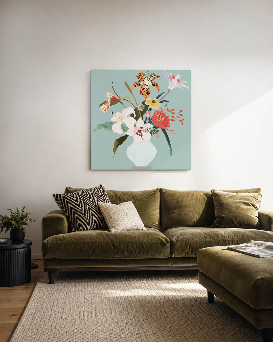 Bloemen in vaas kunstwerk – sfeerbeeld – dit werk toont een kleurrijk boeket bloemen in een vaas, met een balans van vormen
