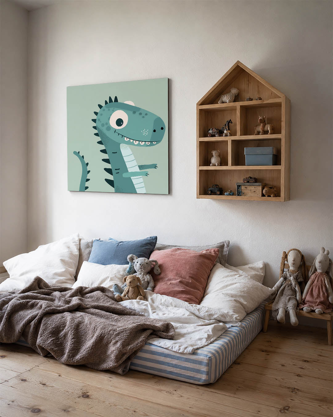 Speelse dinosaurus illustratie kunstwerk – derde productweergave – dit kunstwerk toont een speelse dinosaurus met grote ogen