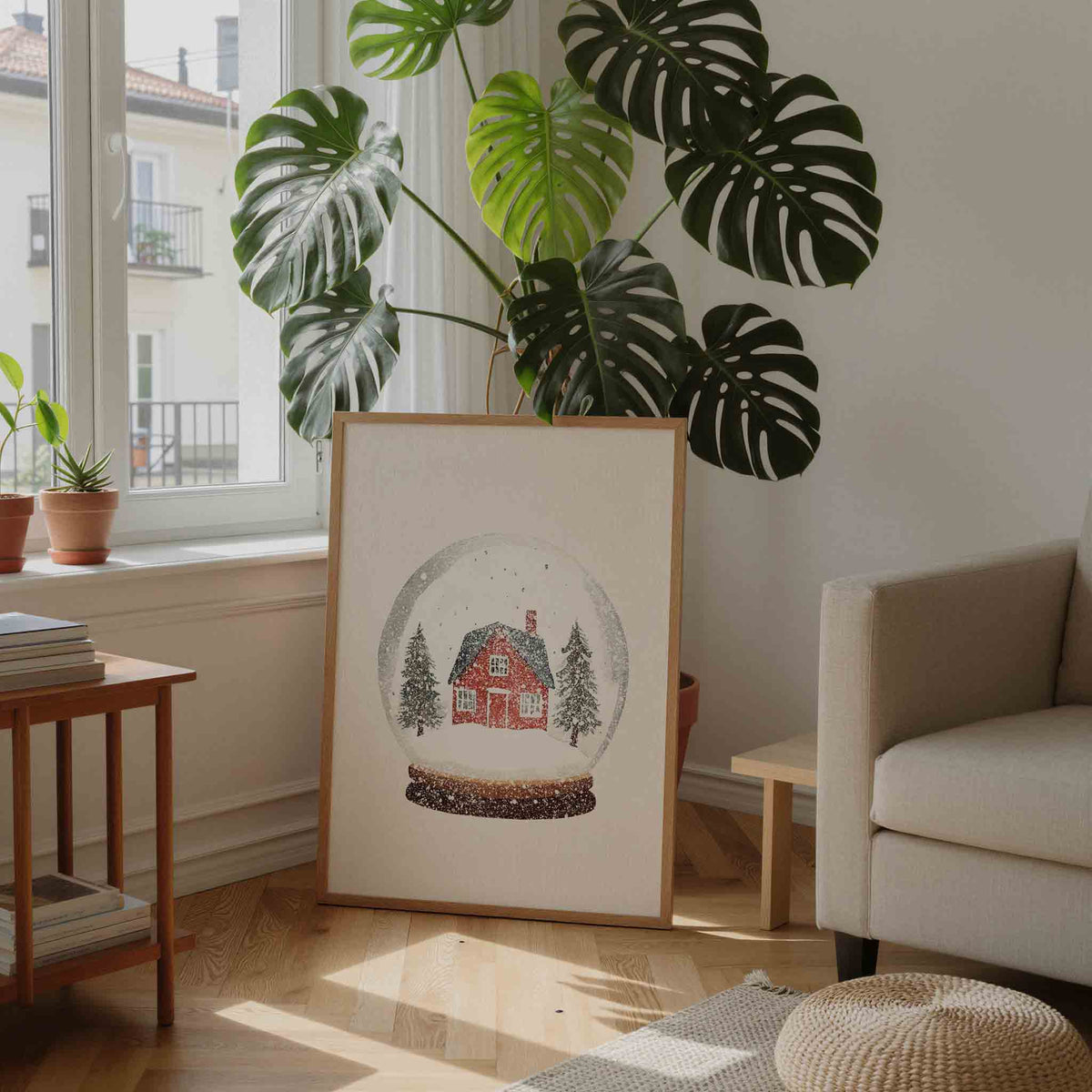 Sneeuwbol met huis – feestelijke wandkunst als portret poster