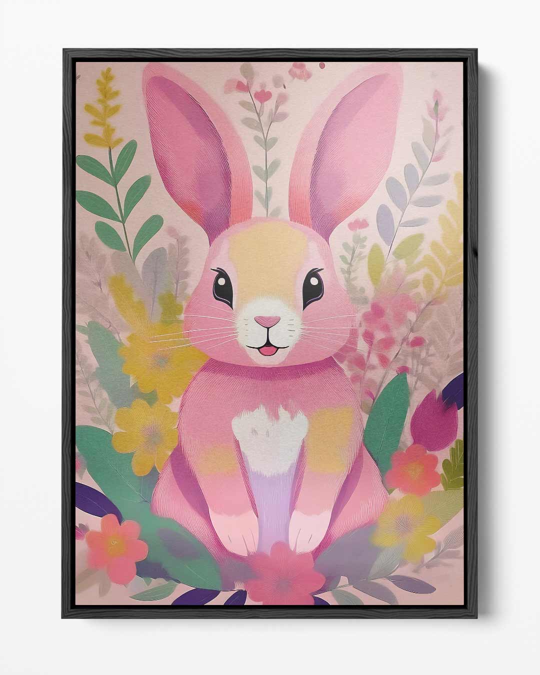 Vrolijk Konijn in de Bloemenweide – portret kunstwerk als wanddecoratie