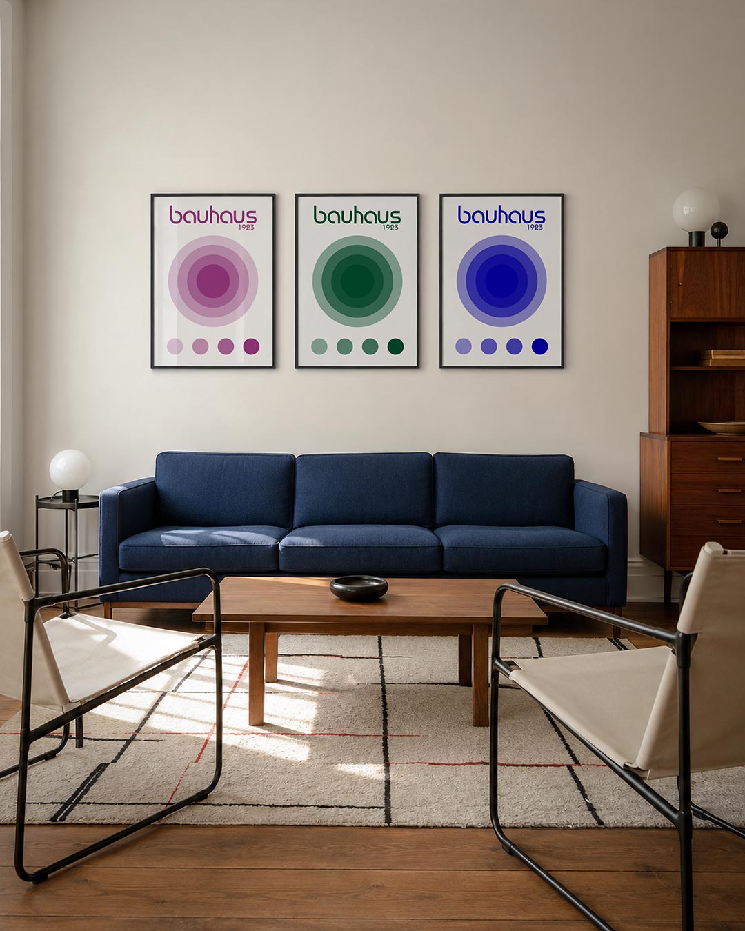 Cirkelharmonie driedelige posterset – deze posterset in drie delen toont een spel van concentrische cirkels in paarstinten