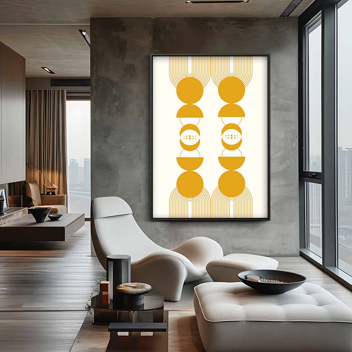 Retro Gele Geometrie Poster – kunstwerk met zwarte baklijst