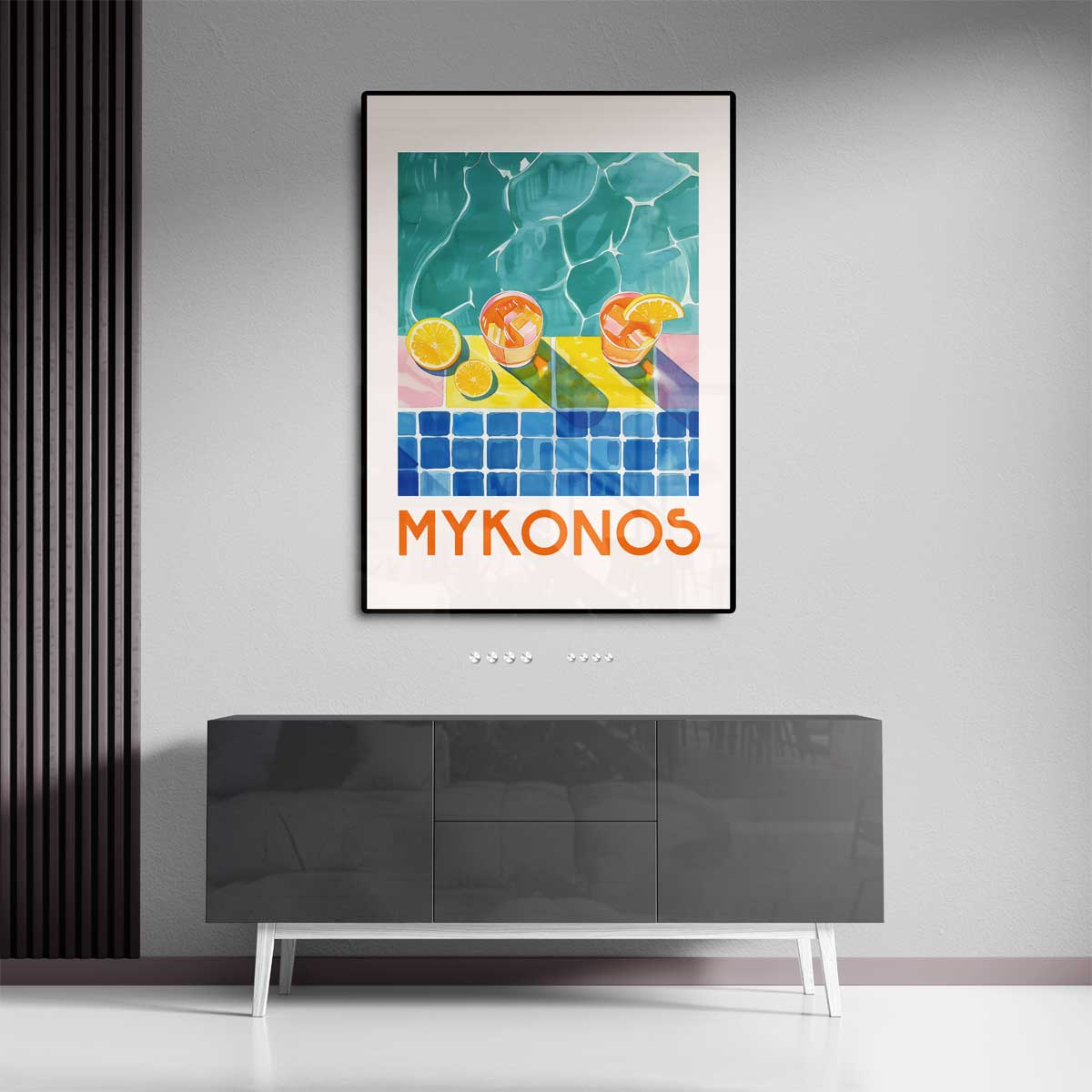 Zomerse Mykonos – kunstwerk met zwarte baklijst