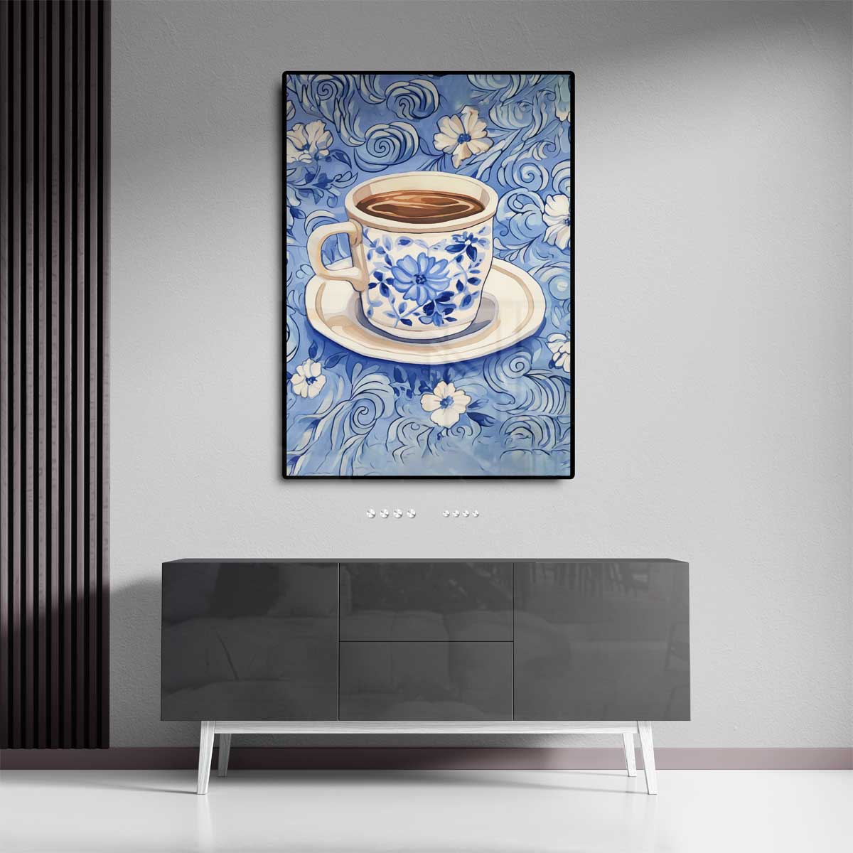 Blauwe Koffieochtend – dibond wanddecoratie in staand formaat