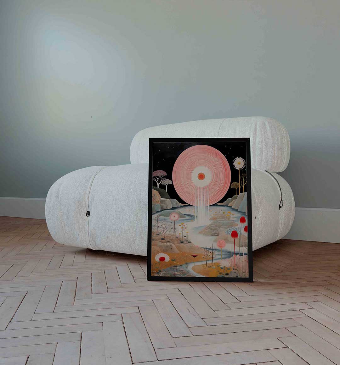 Landschap met grote roze cirkel – surrealistische wandkunst als portret poster