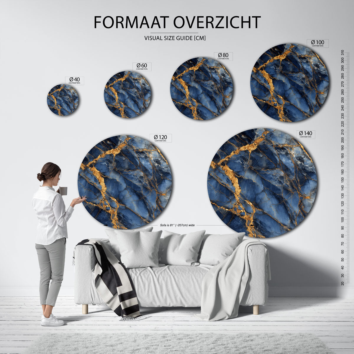 Blauwe en gouden aderen – moderne ronde muurdecoratie met abstracte vormen