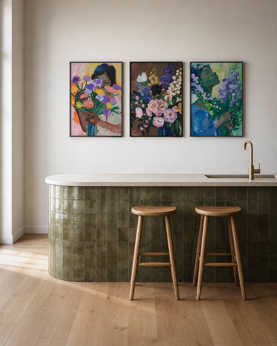 Bloemen en kleuren posterset – tweede productweergave – een vrouw omarmt een kleurrijk boeket bloemen