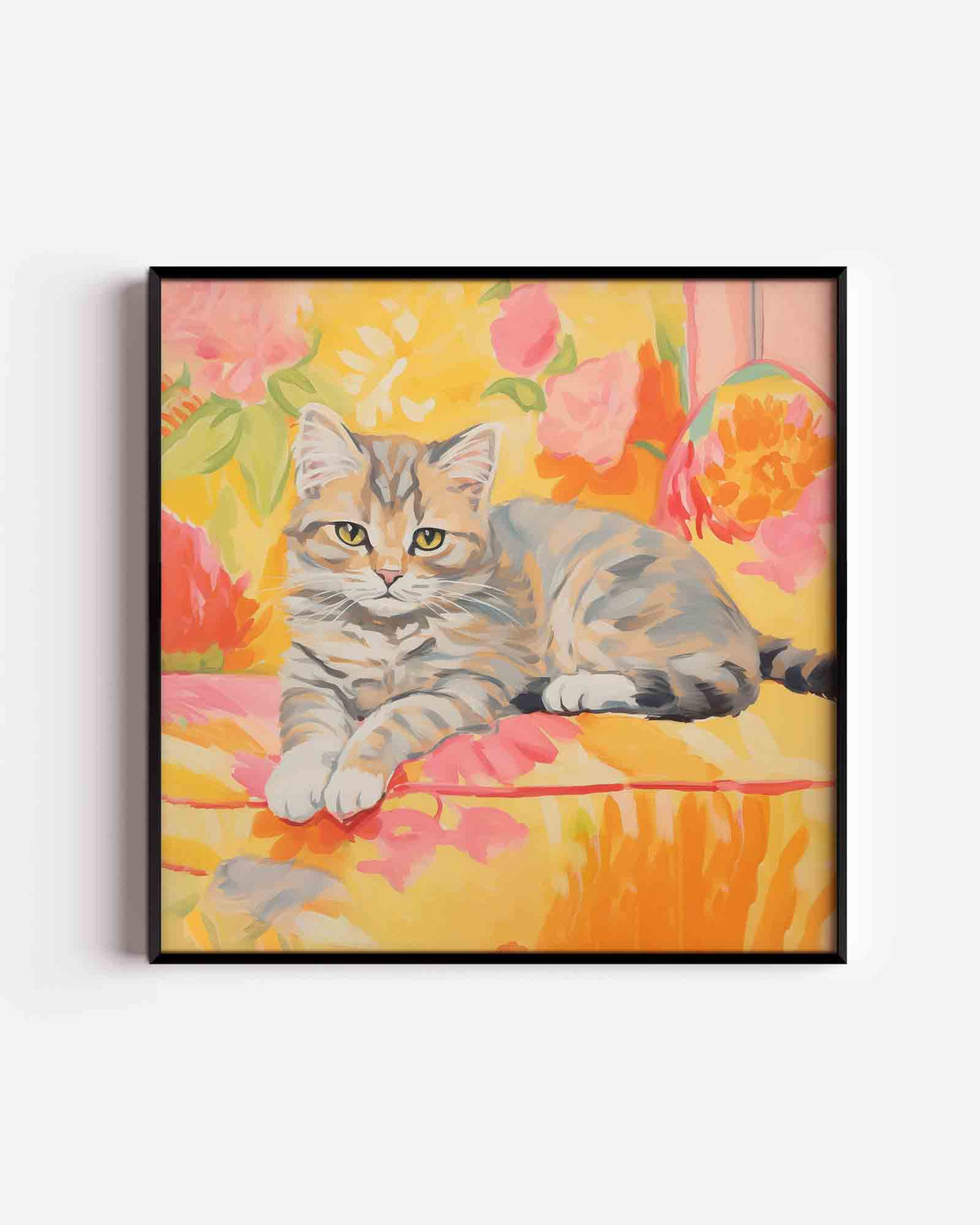 Kat met bloemen – vierkante dierenposter als wanddecoratie