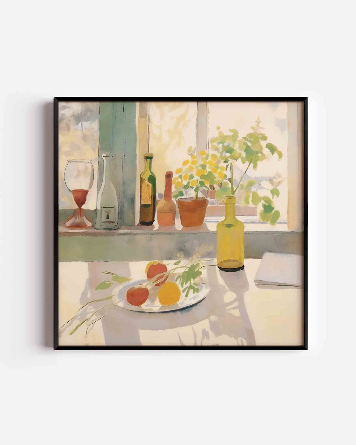 Stilleven met flessen en fruit – keuken vierkante poster als wanddecoratie