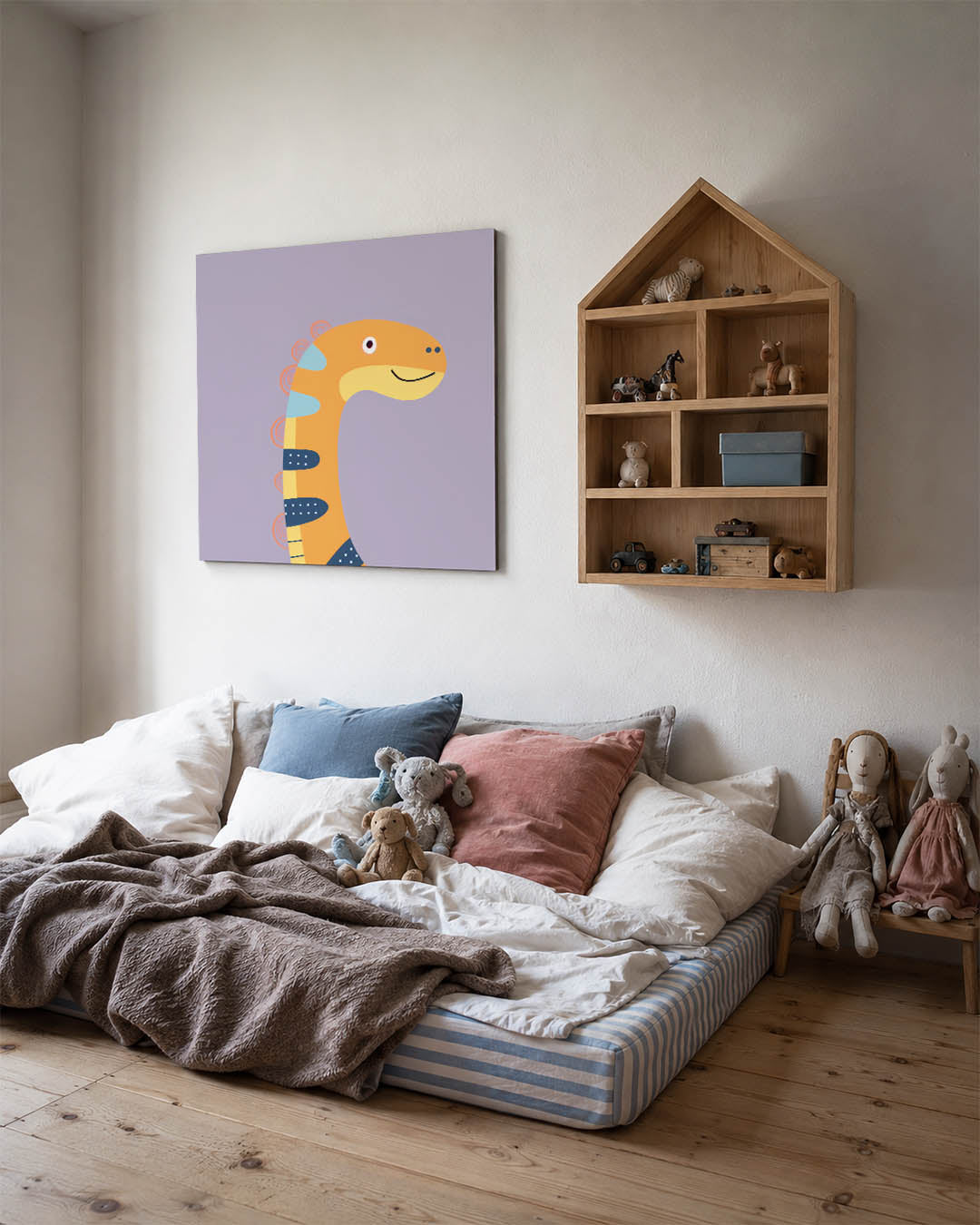 Speelse dinosaurus illustratie kunstwerk – derde productweergave – dit werk toont een vrolijke dinosaurus met een oranje