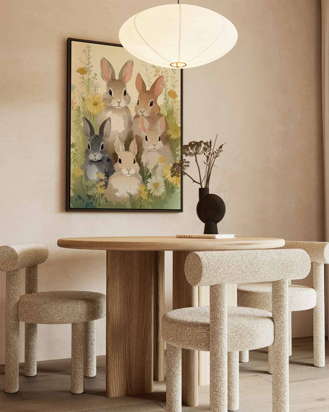 Vrolijke Konijntjes in Bloemenweide – staand kunstwerk voor modern interieur