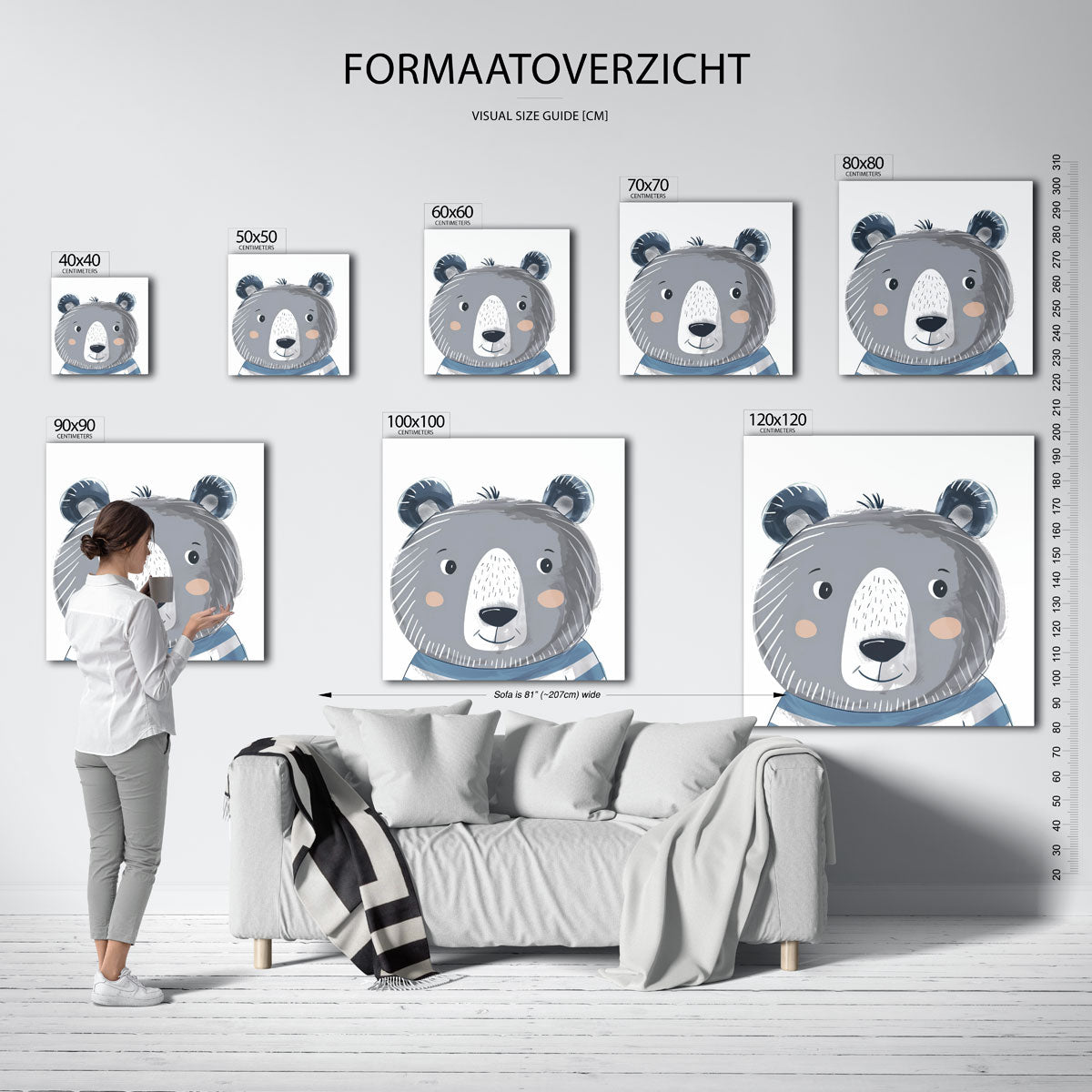Grijze beer – vierkante muurposter voor de kinderkamer