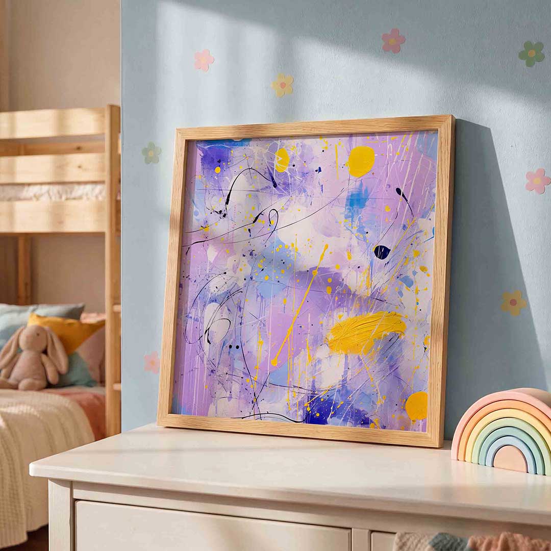 Abstracte paarse en gele – speelse wandkunst als vierkante kinderposter