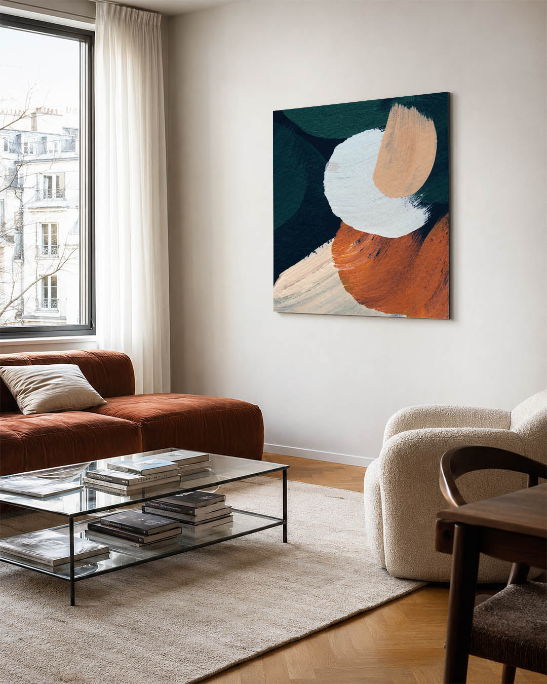 Dynamische kleurencompositie kunstwerk – vierkante wanddecoratie – dit werk toont een levendige mix van gebogen