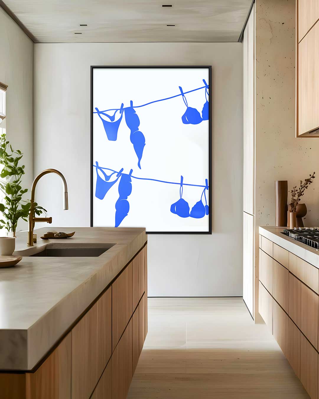 Blauwe Lingerie op de Lijn – canvas wanddecoratie in portret formaat