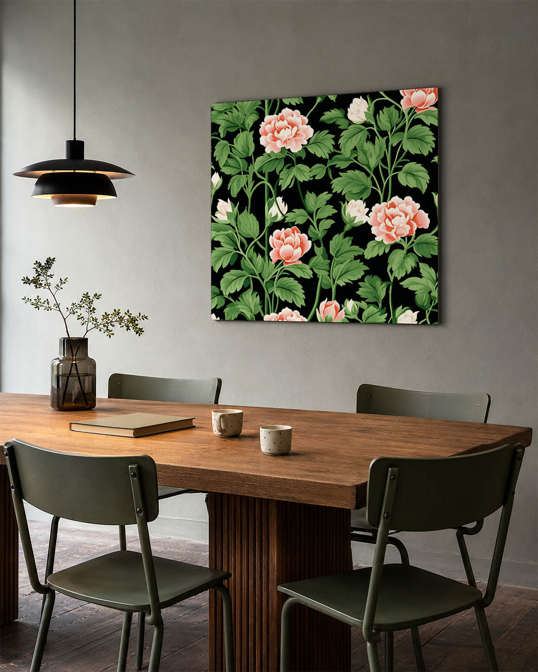 Bloemrijke patronen kunstwerk – tweede productweergave – dit kunstwerk toont een weelderige compositie van roze bloemen en