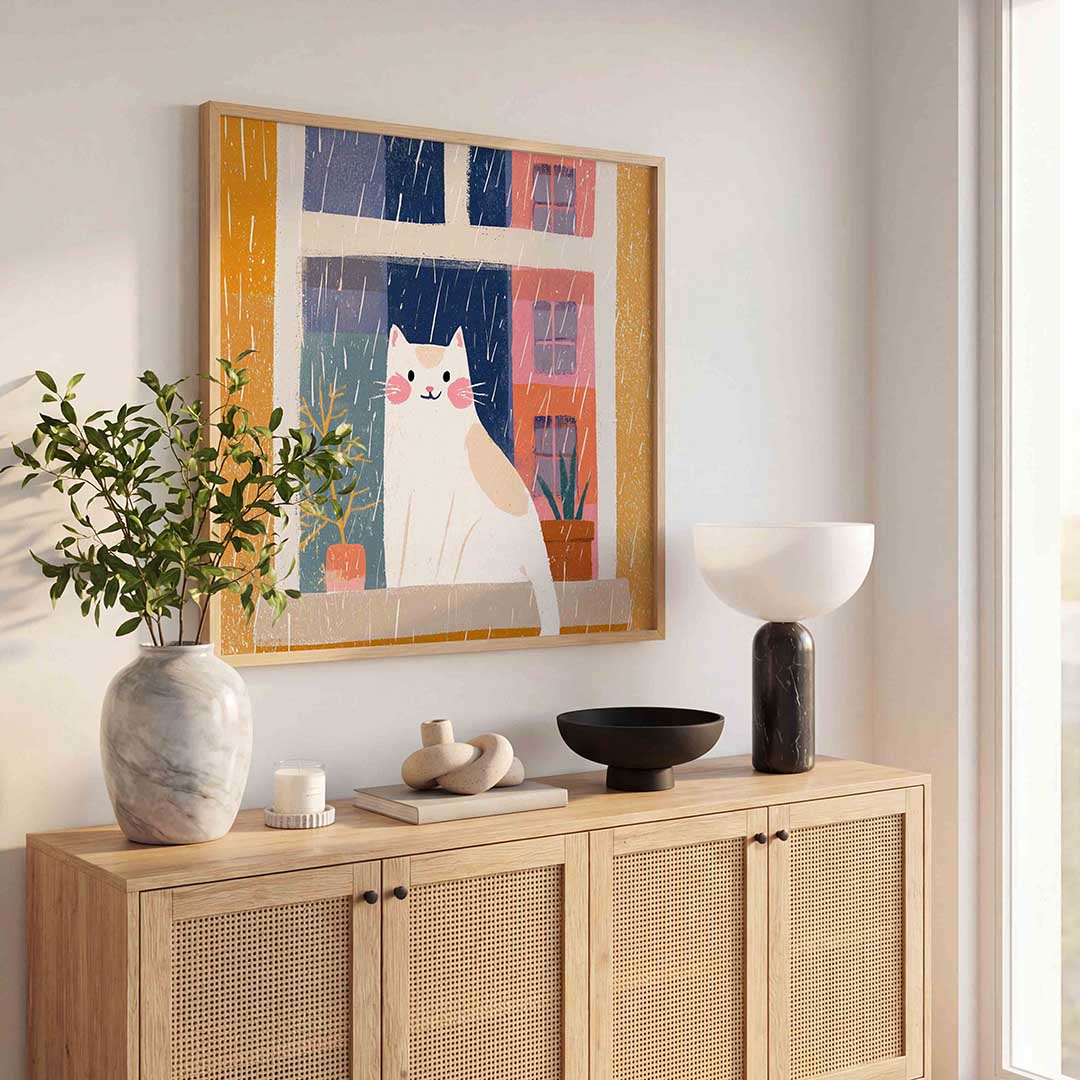 Kat bij raam – kleurrijke poster in vierkant formaat