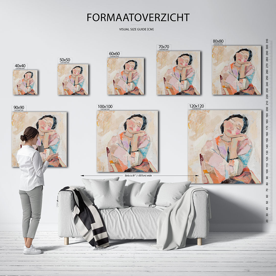 Dromerige portretstudie kunstwerk – materiaalweergave – dit kunstwerk toont een serene figuur met zachte lijnen en een mix
